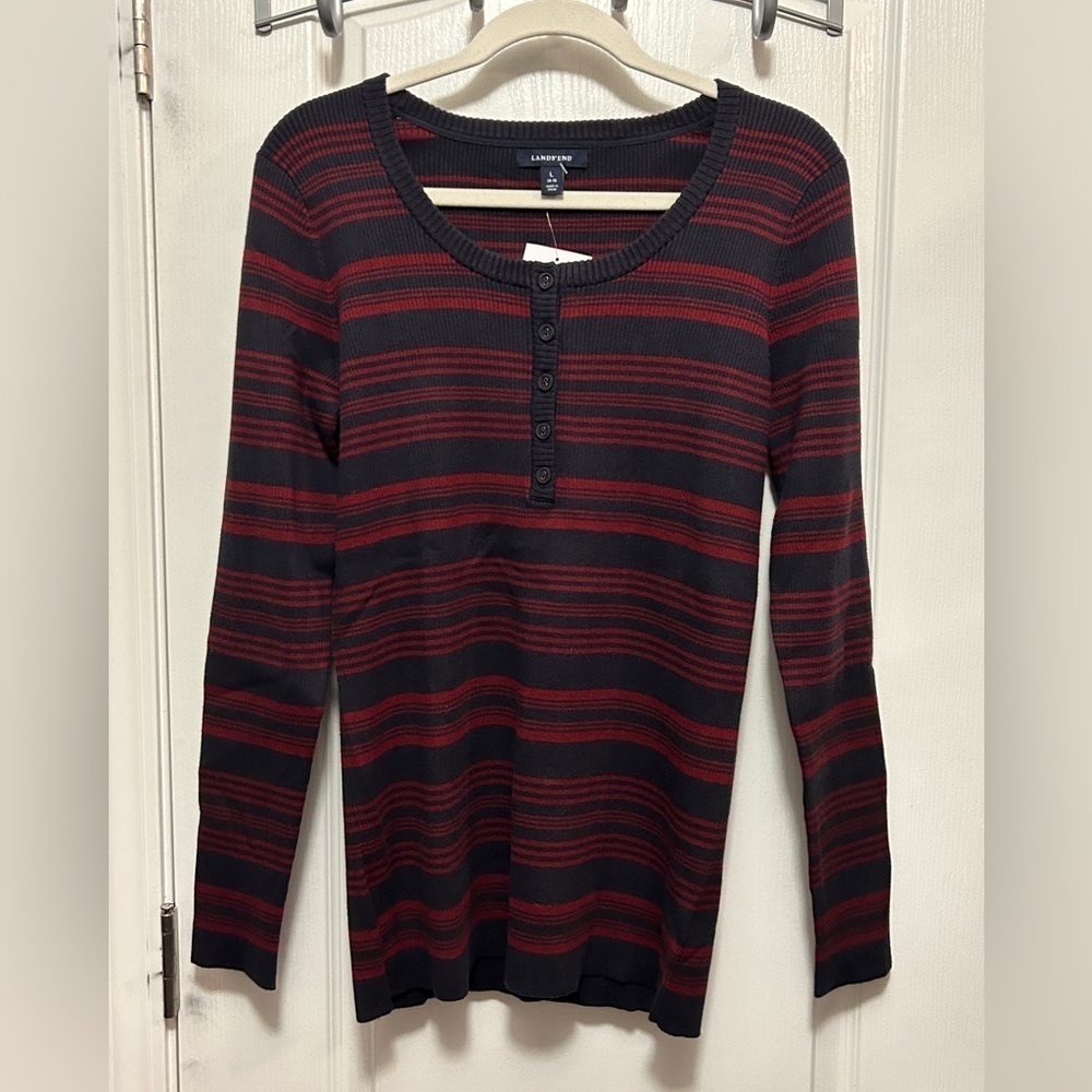 Lands End Women’s ribbed Henley shirt Navy burgundy Stripe L 14-16 classic‎ Y2K